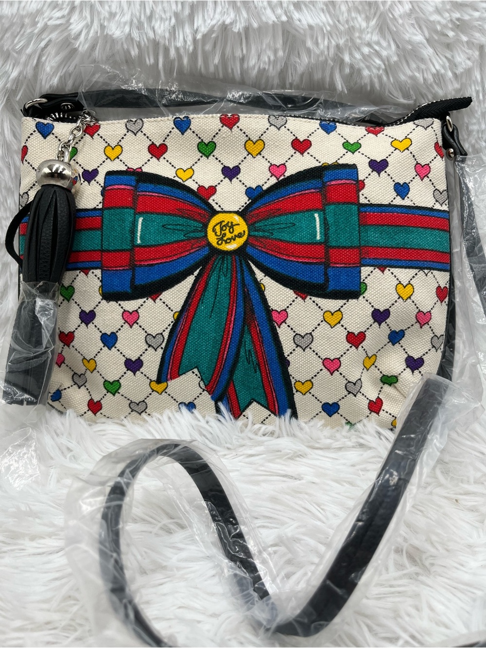 Brighton Love & Joy Hearts Bow Canvas Crossbody Bag NWT